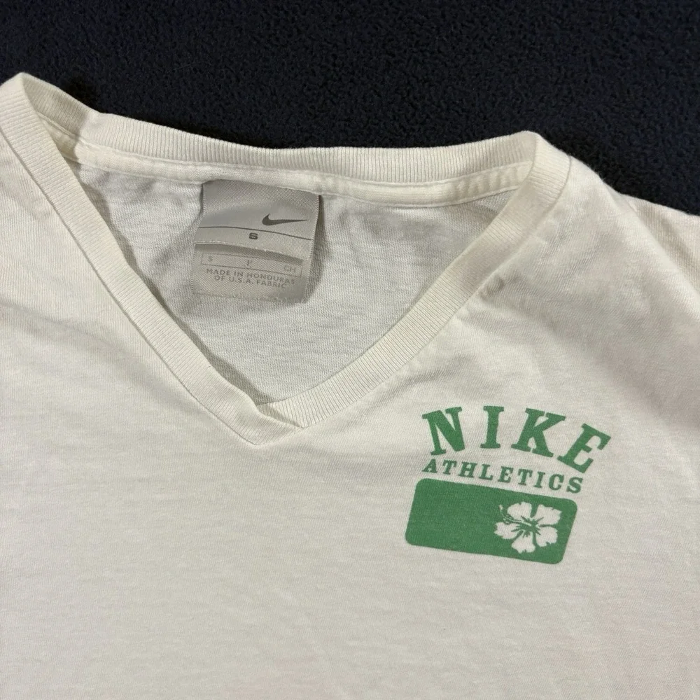 Vtg Y2K 2000s Nike Athletics Tee Womens S White V-Neck Hibiscus Cropped Surf